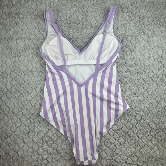 Kona Sol Purple & White Striped One-Piece Swimsuit With Adjustable Straps Size L - Picture 4 of 5